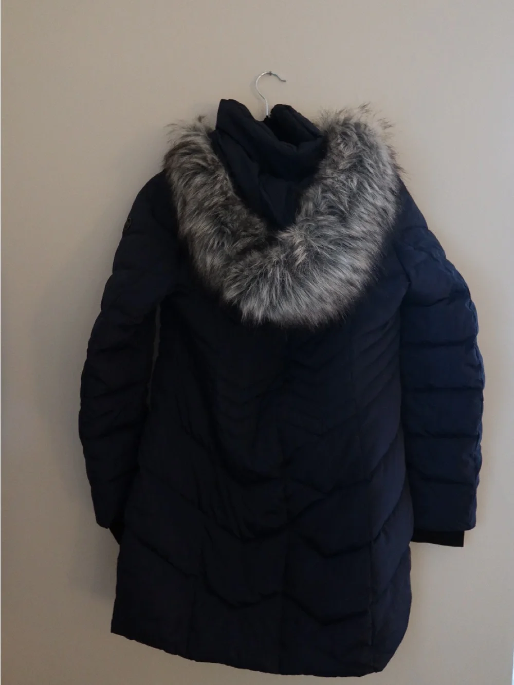 Michael Kors Navy Puffer Jacket with Faux Fur Hood Trim